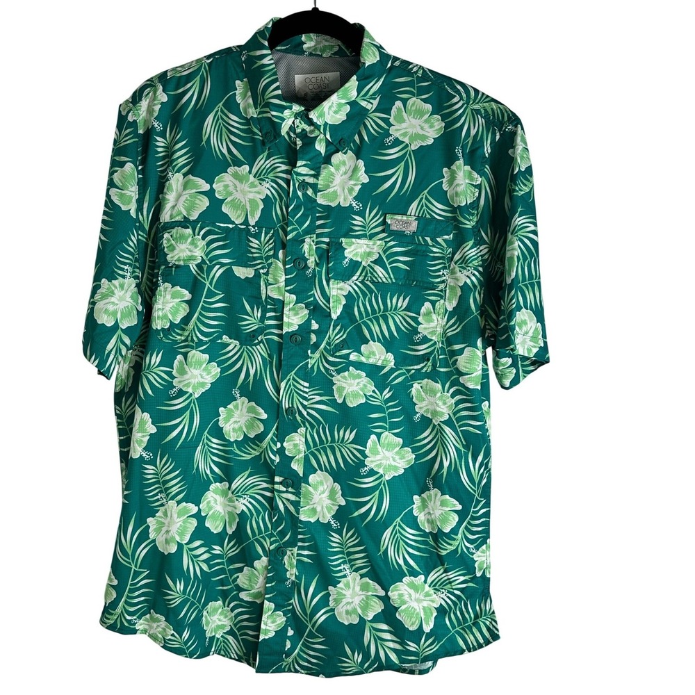 Ocean + Coast Mens Green Tropical Hibiscus Fishing Shirt Short Sleeve Small S